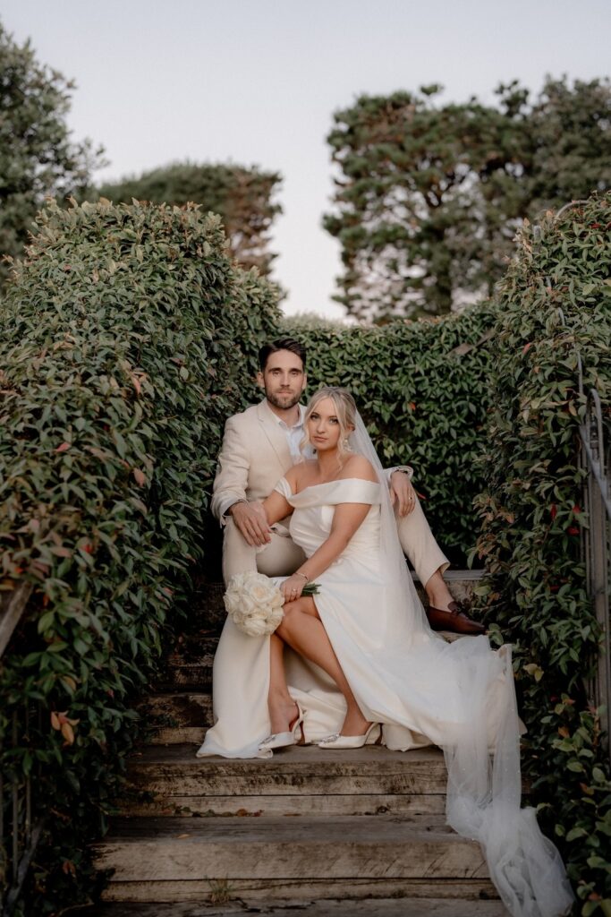 bride wearing clara bridal gown during couples portaits at mudbrick vineyard wedding