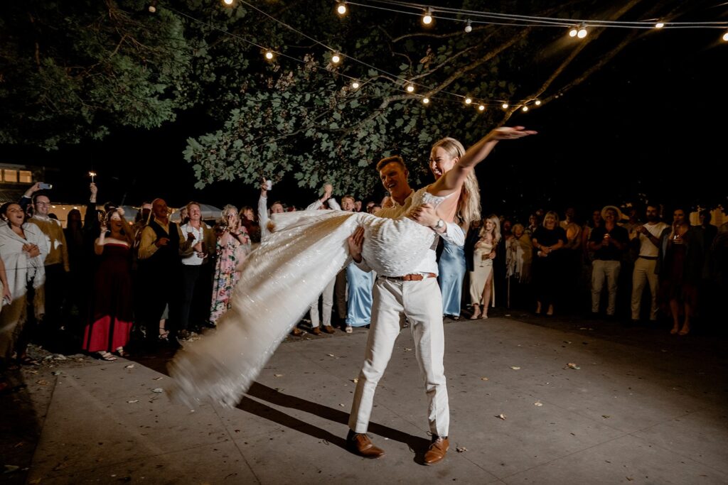 bride and groom on the dancefloor during their wedding reception at Rose & Smith in Tauherenikau